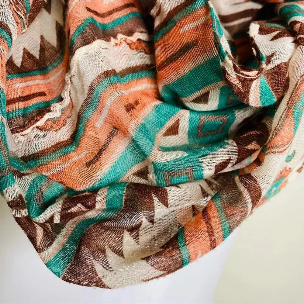 Tan Teal Lightweight Aztec Paisley Geometric Print Infinity Scarf